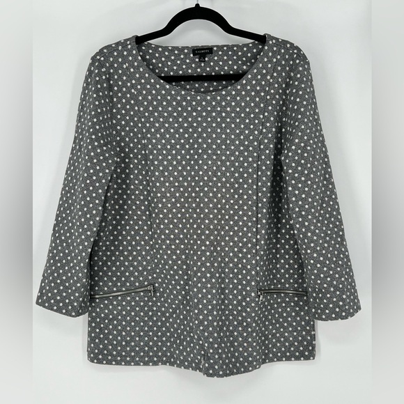 TALBOTS NWOT PULLOVER TOP‎ GREY METALLIC W/WHITE POLKA  DOTS, 2 ZIPPERED POCKETS - Picture 1 of 5